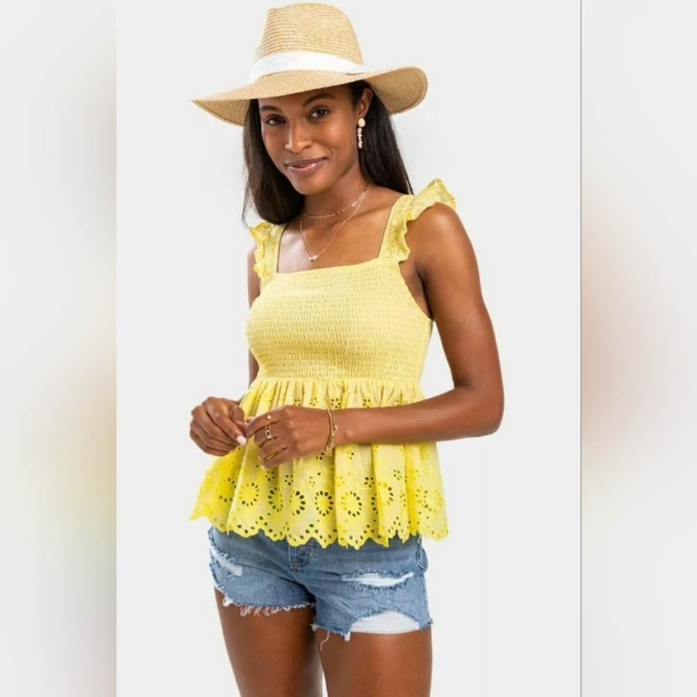 Francesca's Yellow Eyelet Smocked Peplum Tank Top Blouse